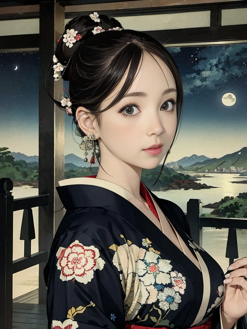 (Highest quality、 8k 、masterpiece、High resolution)、(whole body)、Vibrant colors、Brown-black bob、Traditional topknot、Ample breasts、(Highly detailed face and eyes,Beautiful Face,Beautiful Eyes,Beautiful nose,Pretty lips)、Official Art、Ukiyo-e style、 (Beautiful woman in kimono)、(Vivid floral patterned kimono)、background、river、bridge、Mountain、wood、Starry Sky、moon、Detailed CG、