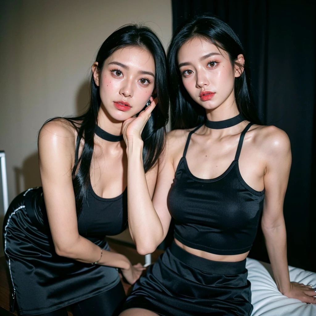 best quality, ultra high res, (photorealistic:1.4), 2girl, tanktop black shirt, black tight skirt, black choker, (faded ash gray hair:1), medium breasts, looking at viewer, closeup, (pretty face) , southeast asia girl, latina girl.