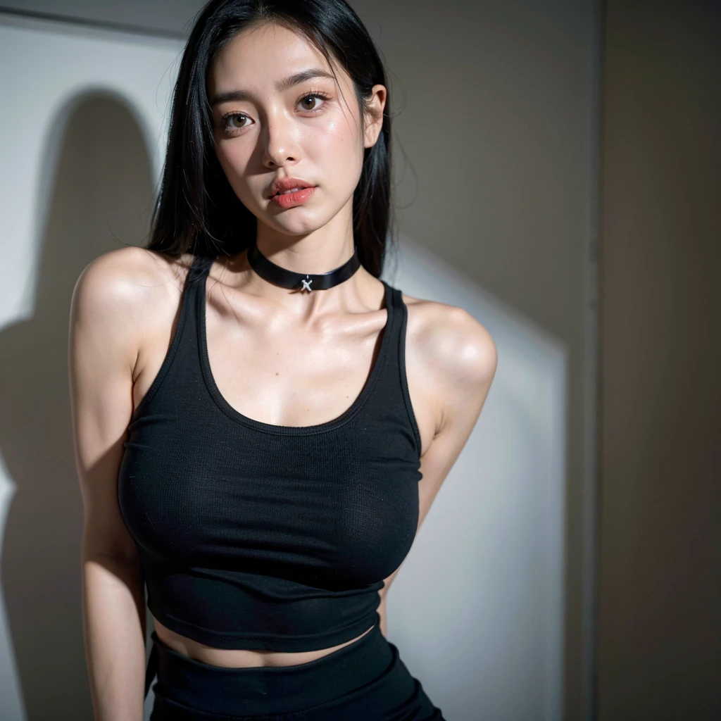 best quality, ultra high res, (photorealistic:1.4), 2girl, tanktop black shirt, black tight skirt, black choker, (faded ash gray hair:1), medium breasts, looking at viewer, closeup, (pretty face) , southeast asia girl, latina girl. 