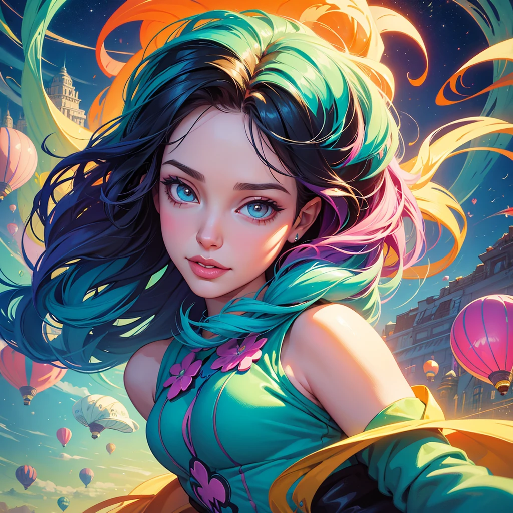 a painting of gigantic woman's head with face of Winona Ryder morphed with Angelina Jolie with colorful hair in a shape of tree and lianas, a neck growing out of the ground, dalightful smile, a city skyline, hot air balloons, flying bulbs and plant trees in the air, beeple and jeremiah ketner, dan mumford tom bagshaw, colorfull digital fantasy art, inspired by Cyril Rolando, inspiring digital art, colorful digital painting, paint splashes, paint driping, gorgeous digital art, beautiful art uhd 4 k, stunning digital illustration, vibrant digital painting, stylized digital art