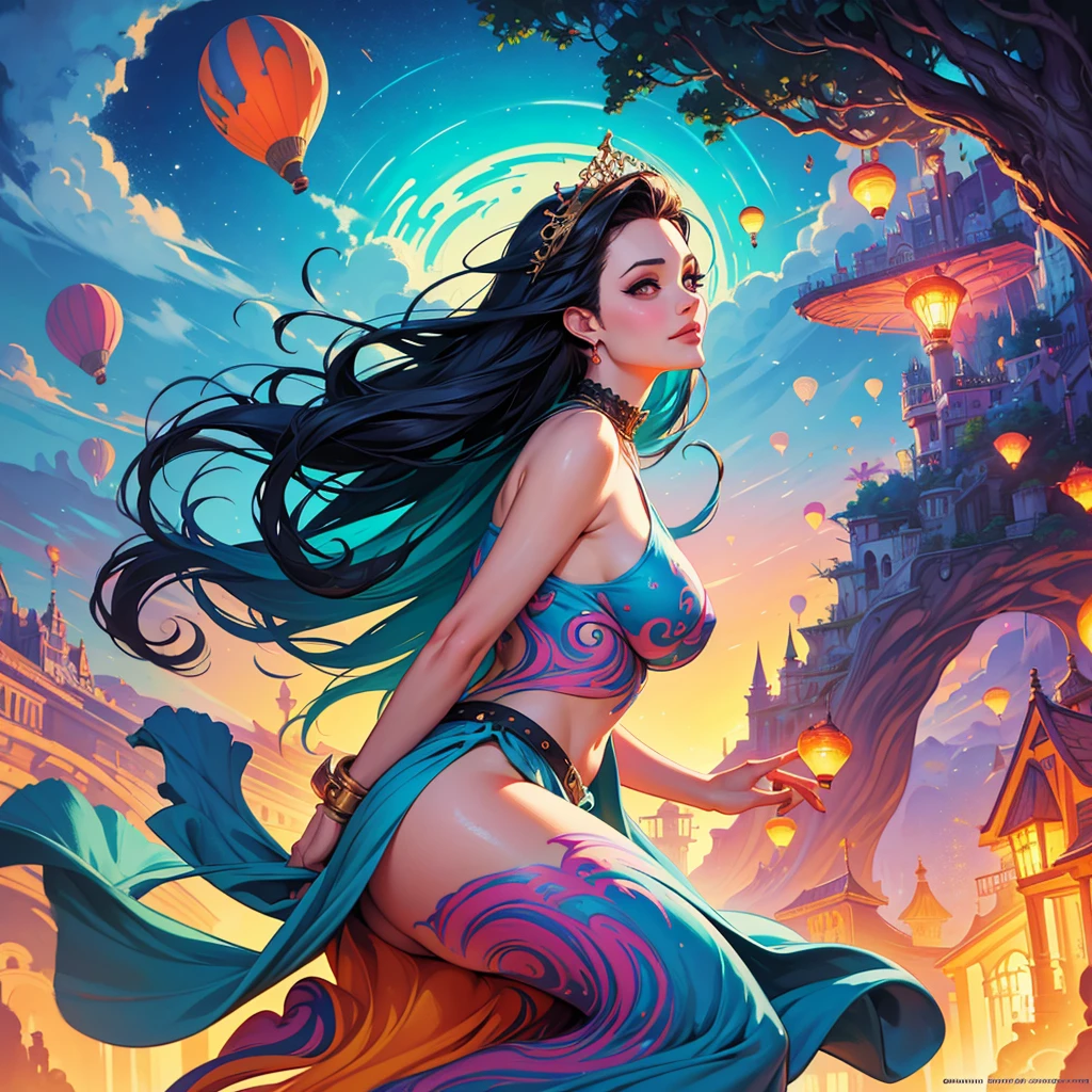 a painting of gigantic woman's head with face of Winona Ryder morphed with Angelina Jolie with colorful hair in a shape of tree and lianas, a neck growing out of the ground, dalightful smile, a city skyline, hot air balloons, flying bulbs and plant trees in the air, beeple and jeremiah ketner, dan mumford tom bagshaw, colorfull digital fantasy art, inspired by Cyril Rolando, inspiring digital art, colorful digital painting, paint splashes, paint driping, gorgeous digital art, beautiful art uhd 4 k, stunning digital illustration, vibrant digital painting, stylized digital art