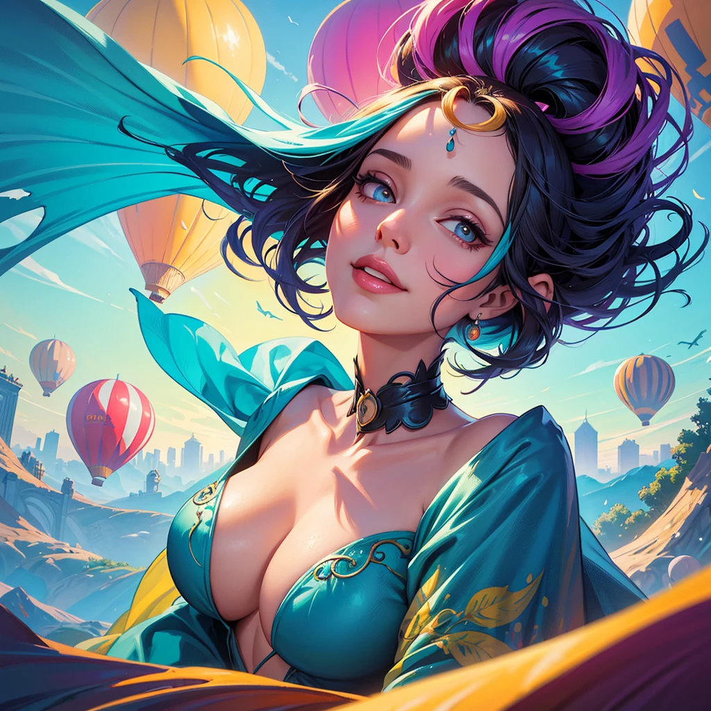 a painting of gigantic woman's head with face of Winona Ryder morphed with Angelina Jolie with colorful hair in a shape of tree and lianas, a neck growing out of the ground, dalightful smile, a city skyline, hot air balloons, flying bulbs and plant trees in the air, beeple and jeremiah ketner, dan mumford tom bagshaw, colorfull digital fantasy art, inspired by Cyril Rolando, inspiring digital art, colorful digital painting, paint splashes, paint driping, gorgeous digital art, beautiful art uhd 4 k, stunning digital illustration, vibrant digital painting, stylized digital art