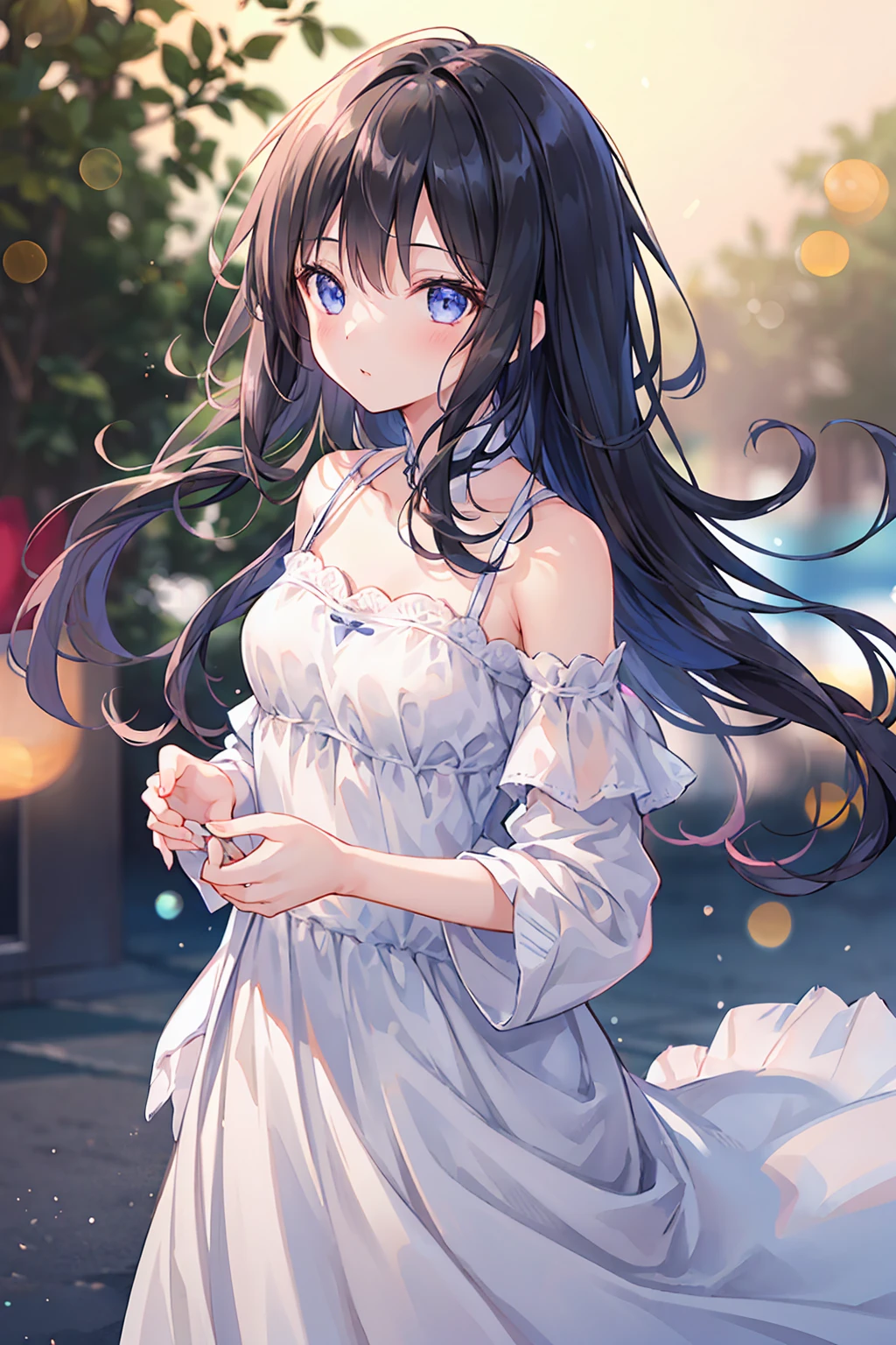 A girl with long black hair wearing a white dress,((Highest quality)), (Very detailed), (High-definition CG synthesis 8K wallpaper), 高いly detailed, 高い-definition raw color photos, Professional photography, (((Bokeh))), Written boundary depth,Small breasts,Early summer sunlight,Underwear visible,French kiss