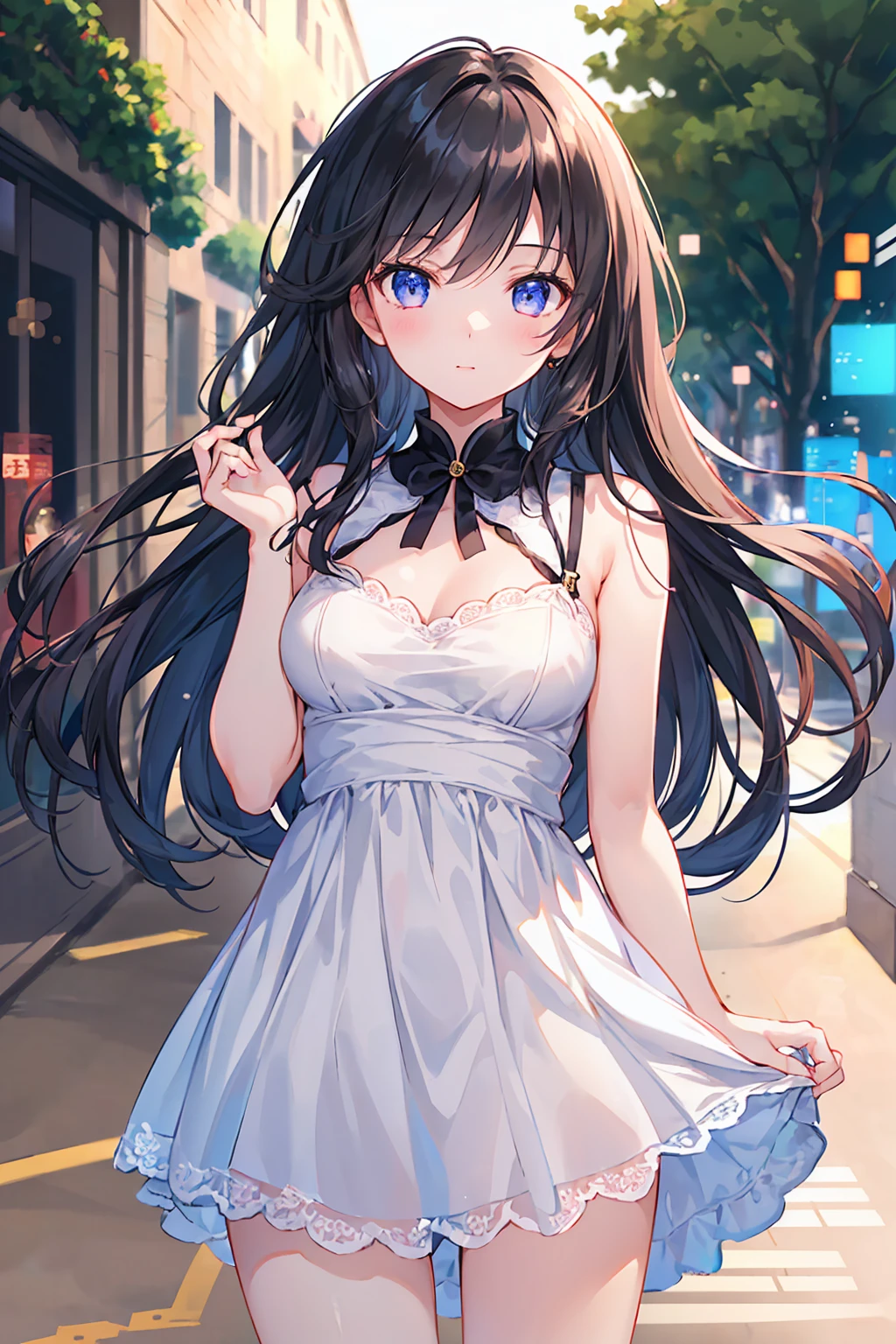 A girl with long black hair wearing a white dress，((Highest quality)), (Very detailed), (High-definition CG synthesis 8K wallpaper), 高いly detailed, 高い-definition raw color photos, Professional photography, (((Bokeh))), Written boundary depth,Small breasts，Early summer sunlight