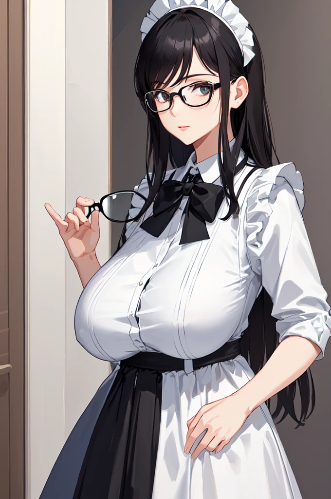 {{masterpiece}},high quality, 4K, 2D, 1 girl,{simple gray background},(attractive mature lady:1.6),milf,standing,sagging breasts,(gigantic breasts:1.5),maid,front face,{{tareme}},attractive mature lady,black hair, {from right in front of face and body},View viewers from front,{front facing shot},Wear glasses,(serious:0.1)