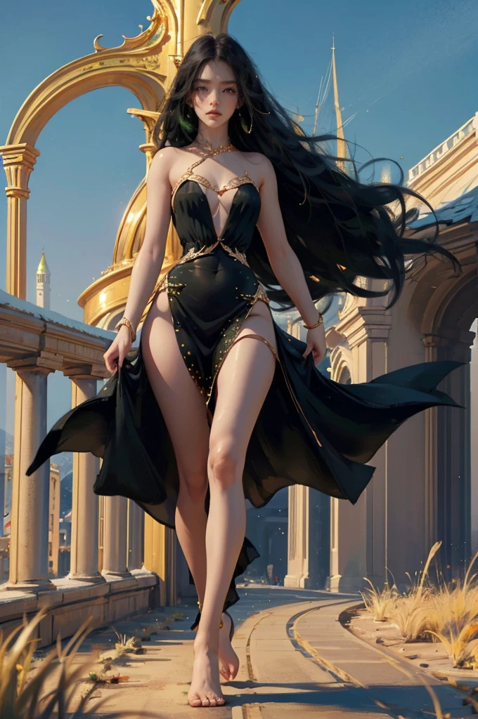 ((aeolian)), 1 ((young)) girl with a beautiful face and green eyes, Princess, ((naked)), very long black hair, fantasy castle landscape, bare feet, full body view, view from side