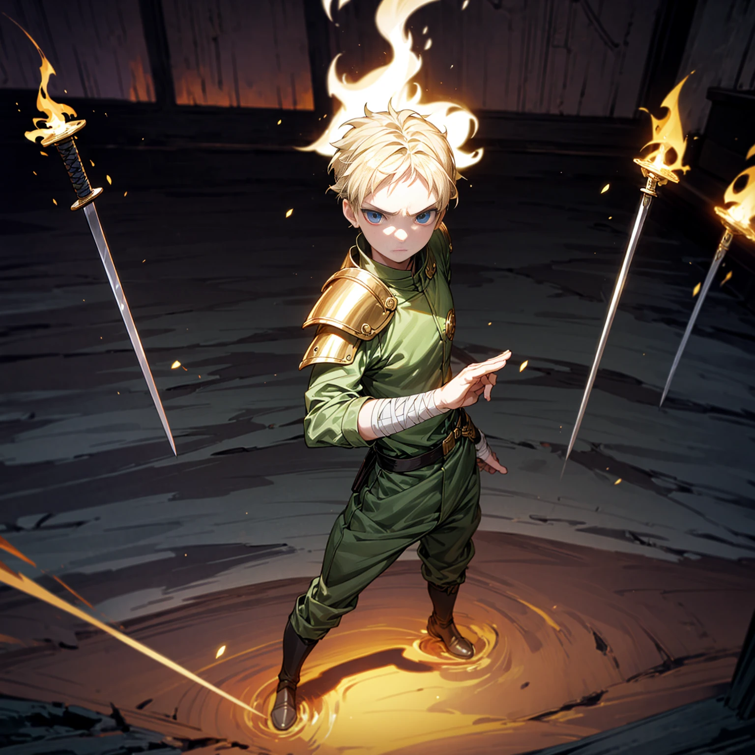 1boy, Full body version, 1character, blue eyes, sad eyes, short haircut, blonde color hair, bandage on head, soldier style outfit, big armors, black Boots, Grassroots, full background indoor building, motion blur, (one piece style art), standing gesture, sword lighting gold in hand, fire effect on sword, smoke effect, fire effect in background, plasma effect, light fire, (high angle view, hd, masterpiece)