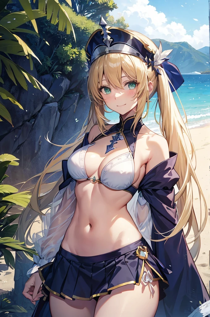 artoria caster (fate), artoria pendragon (fate), 1girl, solo, long hair, breasts, looking at viewer, blush, smile, bangs, blonde hair, hat, navel, cleavage, bare shoulders, twintails, green eyes, collarbone, swimsuit, bikini, thighs, sky, pants, blue sky, white bikini, beach, wristband, shore