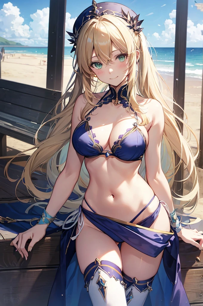 artoria caster (fate), artoria pendragon (fate), 1girl, solo, long hair, breasts, looking at viewer, blush, smile, bangs, blonde hair, hat, navel, cleavage, bare shoulders, twintails, green eyes, collarbone, swimsuit, bikini, thighs, sky, pants, blue sky, white bikini, beach, wristband, shore