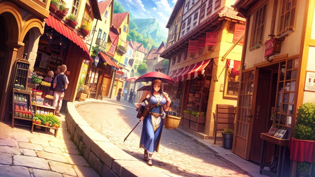 masterpiece, best quality, high resolution, extremely detailed CG, absurdres, highres, fantasy art, fantasy village illustration anime, walking through the market place, medieval village, people shopping from stalls, busy street