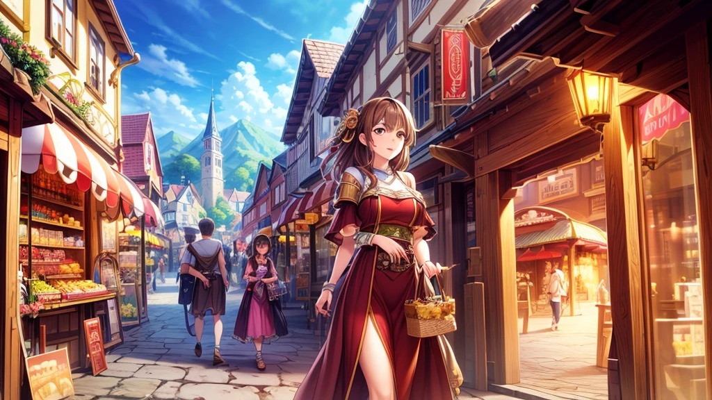 masterpiece, best quality, high resolution, extremely detailed CG, absurdres, highres, fantasy art, fantasy village illustration anime, walking through the market place, medieval village, people shopping from stalls, busy street