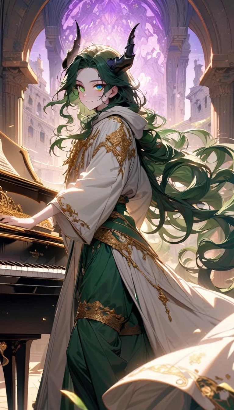 cheerful boy aristocrat open forehead. dark green hair braided in a ponytail on the left side to one side. sinuous black horns wrapped in dark green ribbon. pale green eyes. in short dark green shorts. long white T-shirt. dark green knee-high socks. a white long robe with a hood flutters in the wind. black ancient stone walls of the castle purple light from lamps with gold ornaments, heterochromia, long curly hair, pale skin, I look at the viewer, closed mouth, bright smile, Beautiful, extremely detailed eye, Absolutely amazing art, extremely detailed, Digital art of the highest quality, full length, old piano, ancient walls of a stone castle