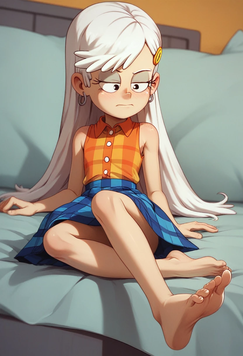 Lincoln Loud from The Loud House, white hair, long hair, orange hairclip, orange button shirt, bare shoulders, blue plaid skirt, 3d, Linka Loud, young, feet