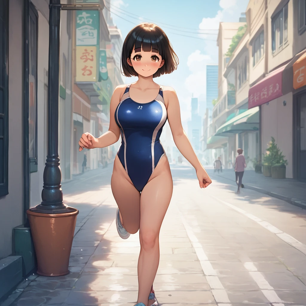 score_9,score_8_up,score_7_up,masterpiece,best quality, source anime, realistic, super detailed, extreme detailed, rating_safe,
1girl, walking, full body, street, Tokyo, city, 
BREAK girl, 22yo, short hair, bob cut, (blunt bangs), black hair, (tareme, detailed cute brown eyes), curled eyelashes, (large breasts:0.9), 
shiny hair, beautiful detailed eyes, beautiful face,
blush, smile, (steam),
one-piece swimsuit,