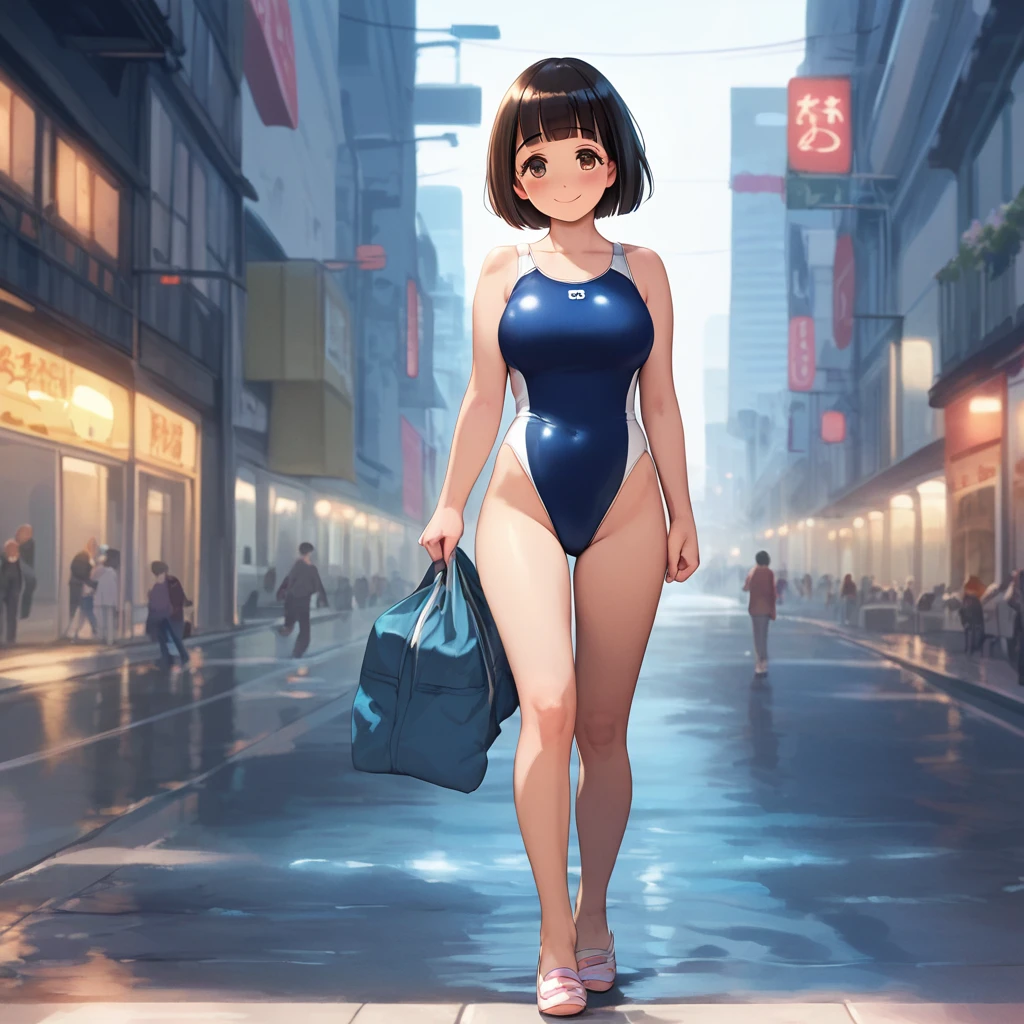 score_9,score_8_up,score_7_up,masterpiece,best quality, source anime, realistic, super detailed, extreme detailed, rating_safe,
1girl, walking, full body, street, Tokyo, city, 
BREAK girl, 22yo, short hair, bob cut, (blunt bangs), black hair, (tareme, detailed cute brown eyes), curled eyelashes, (large breasts:0.9), 
shiny hair, beautiful detailed eyes, beautiful face,
blush, smile, (steam),
one-piece swimsuit,