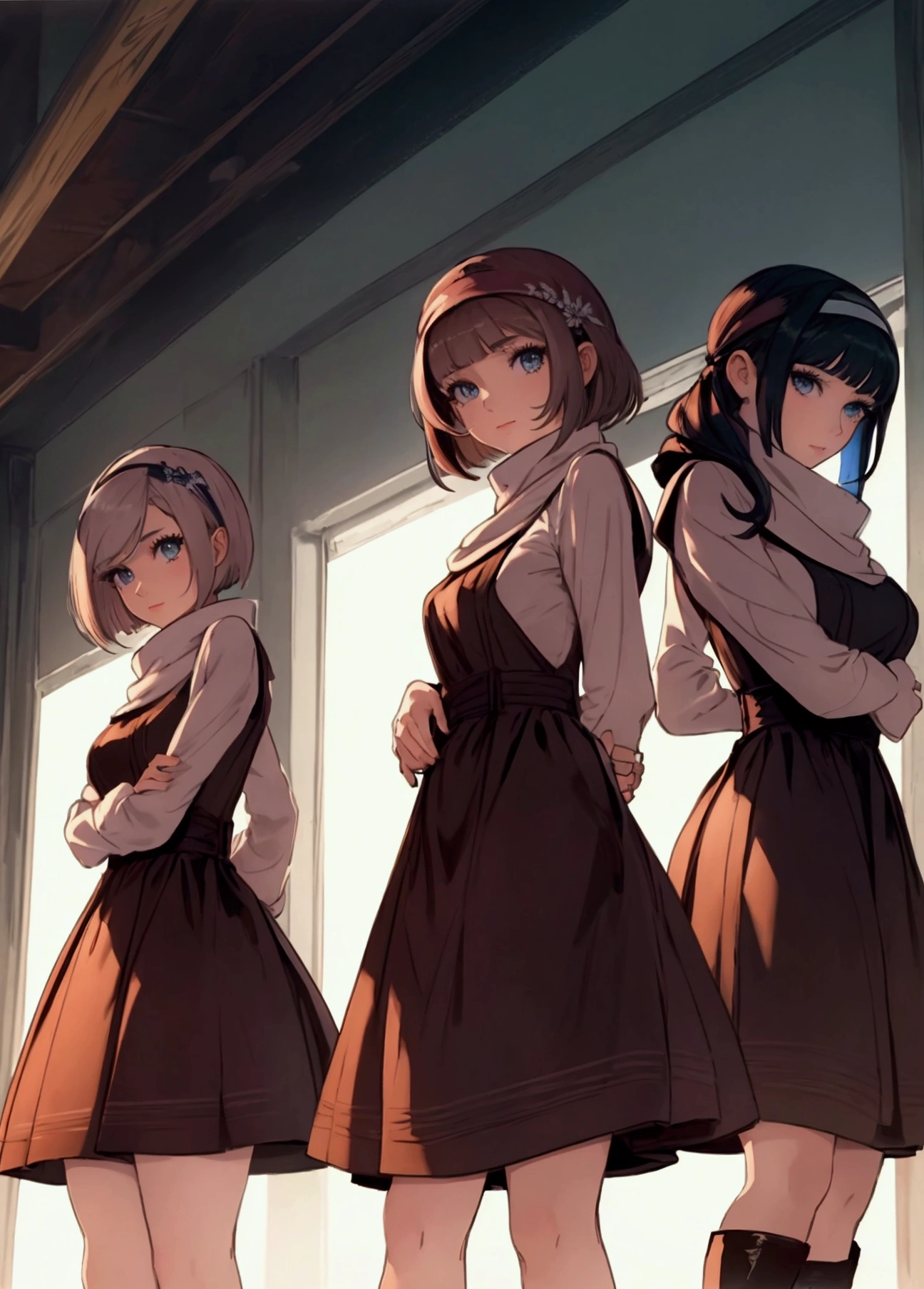 ((Highest quality, 8K, masterpiece:1.3)),Three Women、3girls、 sharp:1.2, Beautiful woman with perfect figure:1.4, Slim Abs:1.2, ((Huge boobs:1.5,sagging breast:1.5)),Highly detailed face and skin texture,Detailed eyes,double eyelid、Blonde、Bobcut、Bob Hair、Pale blue eyes、Brown Hair、ponytail、Black Hair、Hair with a loose perm