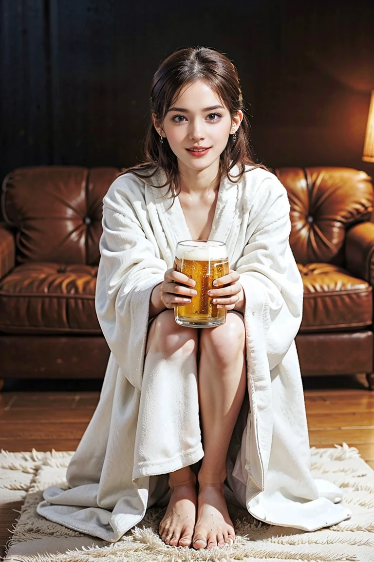 (Preserve face images), Cowboy Shot、Golden Ratio、(((drinking a glass of beer)))、Beer bottles on the table、Pale face:1.3、Super thin face:1.3, (very big eyes:1.5)、 (blown eyes:1.5), master piece、8k, {highest quality}, {{masterpiece}}, {very delicate and beautiful}, outstanding light and shadow, highly detailed wallpaper, Night Background, (((Full body))), 1 girl, blush、(薄い茶Farbeの髪), Wet hair after a shower、(窓の外はNight Background:1.5), Farbe々A pose:1.5, necklace、ring、earrings、BREAK (( (Stylish home living room), Wearing an white bathrobe ):1.3) ,(Toothless smile:1,5), 窓の外はNight Background:1.5