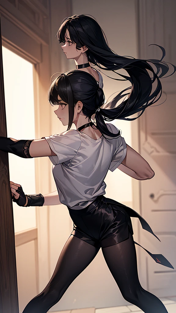 beautiful young female warrior fighter with cat ears on her head, com rosto bem detalhado e bonito, belos olhos, belos olhos, rosto lindo, beautiful young woman wearing long brown leggings with black details, sueter apertado branco, standing in a castle, usando bota preta, cabelo comprido com franja preto, ,orelhas de gato, belo sorriso, tomboy, um pouco musculosa,suter branco com cinta em volta, olhar serio,usando jaqueta de couro apertado preto, com ombreiras de prata nos ombros
