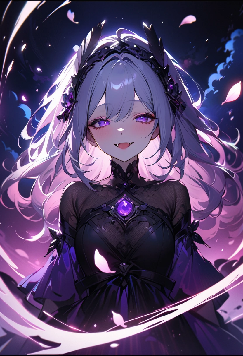 best quality、masterpiece、8K、Award-winning works、Surrealism、Princess、、Take well-composed facial photos、The most detailed、The most beautiful face、Cold Eyes、look at me、Long eyelashes、Scary makeup、Black lipstick、Purple Eyeshadow、美丽有Light泽的嘴唇、Top quality ultra-HD skins、The most detailed的眼睛、High quality black camisole、Pitch black background、dark、Beautiful long hair、(发Light的眼睛、Fangs、mouth)、(((Medium view 1.5)))、BackLight、(((Close your eyes 1.5)))masterpiece, best quality, 1 Girl, (rich and colorful),(Beautiful eyes and delicate face),cinematic Lighting, Half-length photo, extremely detailed CG unity 8K wallpaper, White hair, Solitary, Smile, Delicate skirt,((Flying petals)),(Flowering meadow) Sky, cloudy Sky, architecture, moonLight, moon, night, (dark theme:1.3), Light, fantasy
