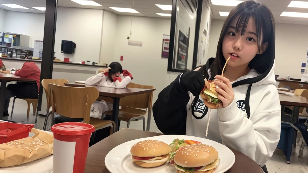 fat,female,university student,White hoodie,overbite,Eating a hamburger