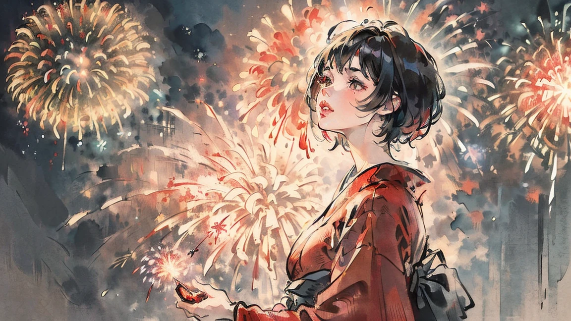 (((beautiful girl))), (((red cheek))),(((Pixie Cut))) ,(((shoot from below))),(((from side))),(((Gazing Skyward))),(((night))),(((Huge fireworks))), (Lips are red:1.5),20-year-old, Watercolor, masterpiece, Highest quality, Very delicate and beautiful girl,Very delicate and beautiful, world masterpiece theater, Super detailed, Very detailedな, Highest quality,(((fancy red kimono)))。 (((Black Hair))), (((Black Hair))), (((Black Hair))), (((Upper Body))), (((Upper Body))), (((Upper Body))), (((Upper Body))), (((Upper Body))), (((Upper Body))), High resolution, Very detailed,5 girls, Highest quality, figure, masterpiece, Highest quality, Accuracy, A woman in her twenties from the late Edo period, He has a modern anime-like face.