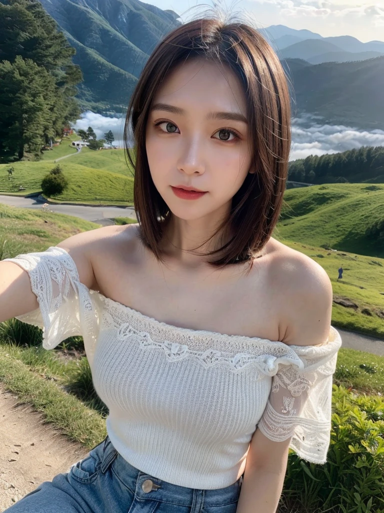 Highest quality, masterpiece, Ultra-high resolution, (Realistic:1.3), RAW Photos, (Nature landscape photography), (Majestic Mountain々The summit of the, sea of clouds), (On top of a very large mountain), (sunset), (One Girl), (Upper Body), (20-year-old), (smile:0.9), (Shiny skin), (short hair, Dark brown hair), (A loose white see-through T-shirt), (Tight casual super short pants),(Off the shoulder)、 (Ultra detailed face), (Nipple erection:1.2), (Highly detailed eyes), (Highly detailed nose), (Highly detailed mouth), (Very skilled hands), (Super-detailed body), Sony a7, 85mm lens, f9.0, Pan Focus
、High-quality lace panties available、(Face the camera with your body facing forward、Face to face:1.3)、(slouch、doggystyle:1.3)、