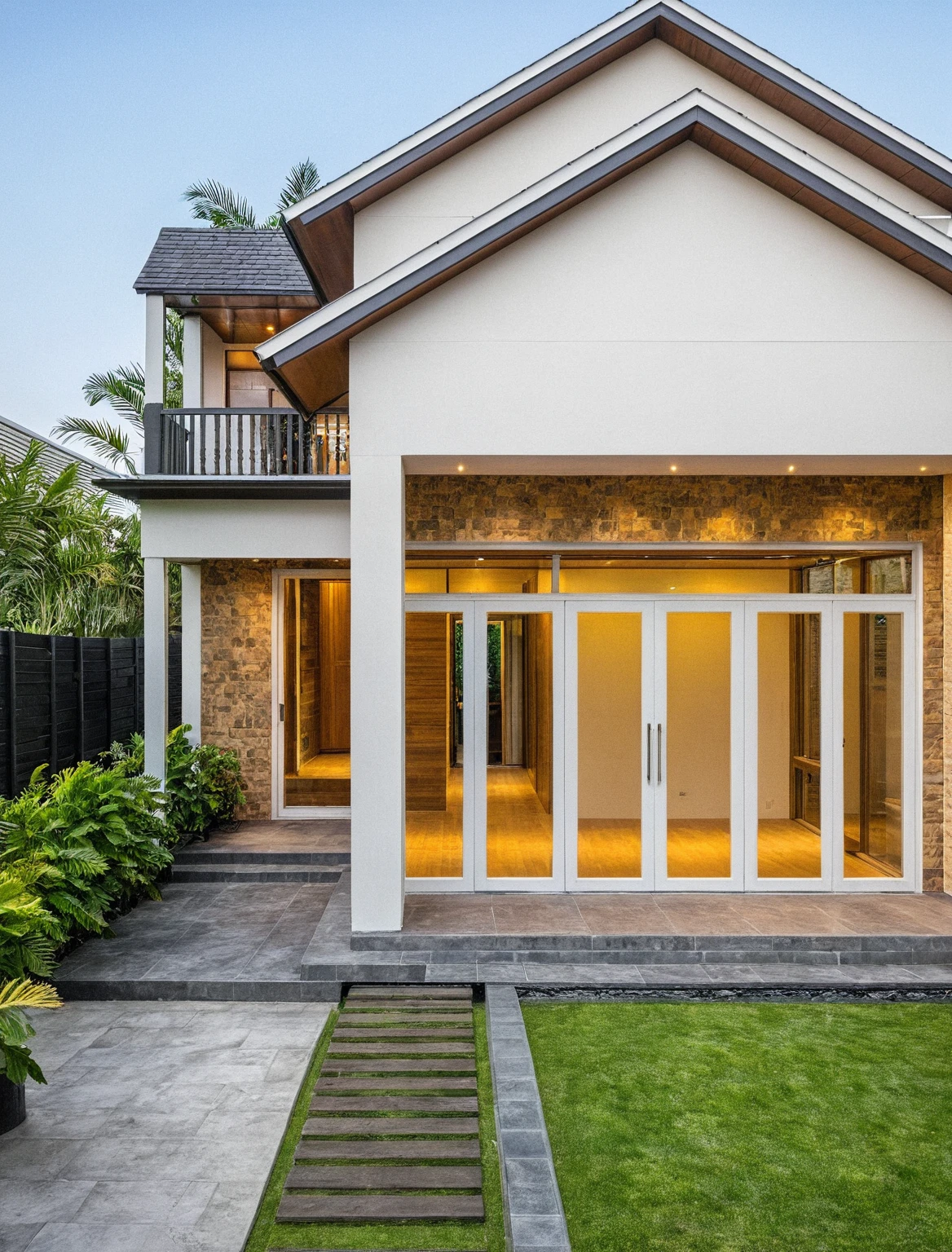 head of'artwork, high quality, best quality, Authentique, Great detail, En plein air, villa de plain-piedXL, groupe aiai, house style modern with poolside , white wall ,poolside,wooden deck, pavement, grass, trees, Sky at dusk, nuvens, (day light:1.1)