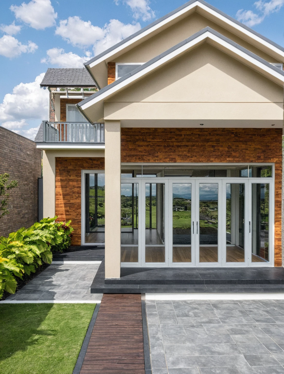 head of&#39;artwork, high quality, best quality, Authentique, Great detail, En plein air, villa de plain-piedXL, groupe aiai, house style modern with poolside , white wall ,poolside,wooden deck, pavement, grass, trees, Sky at dusk, nuvens, (day light:1.1)
