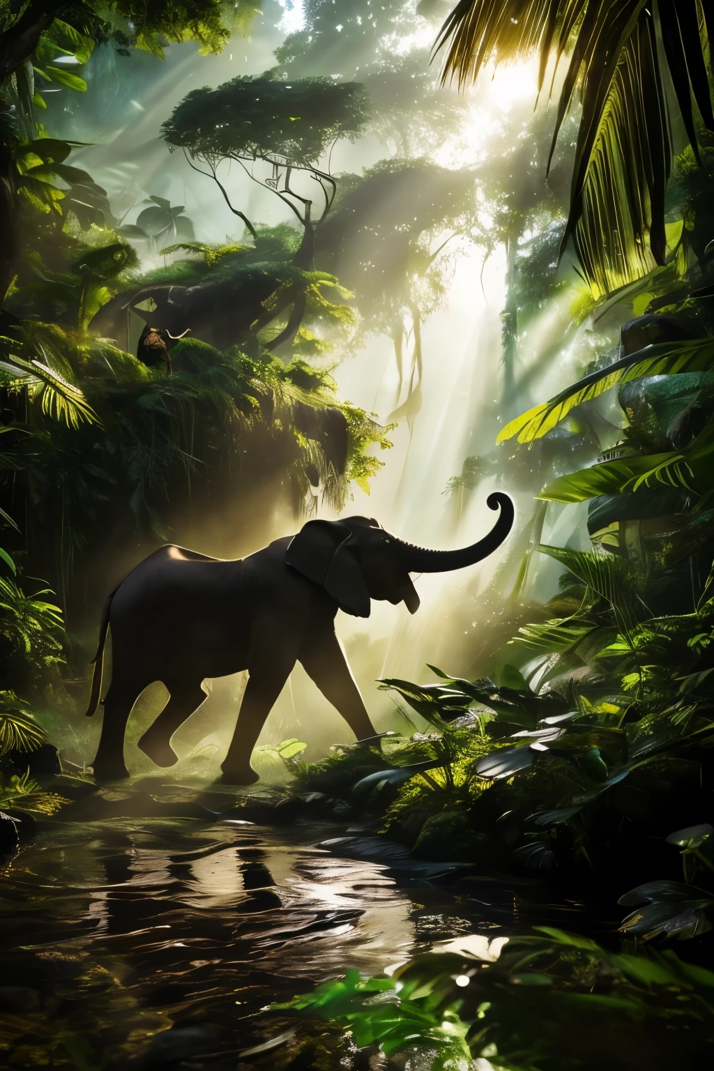 "Create an ultra-realistic, cinematic scene of a powerful female Tarzan standing in the heart of a dense jungle. She has a muscular, athletic build, long, wild hair, and is clad in minimal, rugged clothing made from animal skins. Surrounding her are wild animals like a majestic tiger lying by her feet, a couple of playful monkeys swinging on nearby branches, and a massive elephant in the background. The jungle is lush and vibrant, with dense, green foliage, towering trees, and cascading vines. Rays of sunlight filter through the canopy, casting a mystical glow over the scene. The atmosphere is alive with the sounds of the jungle, emphasizing her deep connection with nature."
