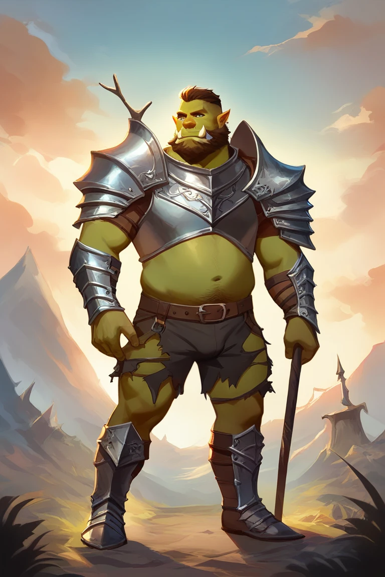 score_9, score_8_up, score_7_up, solo, male focus, chubby male, orc, green skin, tusks, beard, outdoors, damaged armor , shoulder armor, breastplate, day, armor boots , (( damaged black micro tight shorts )) , full body , The fool , wears ragged clothes and stockings without shoes, and carries a stick on his back. He has what appear to be feathers in his hair. His unruly beard and feathers may relate to the tradition of the woodwose or wild man