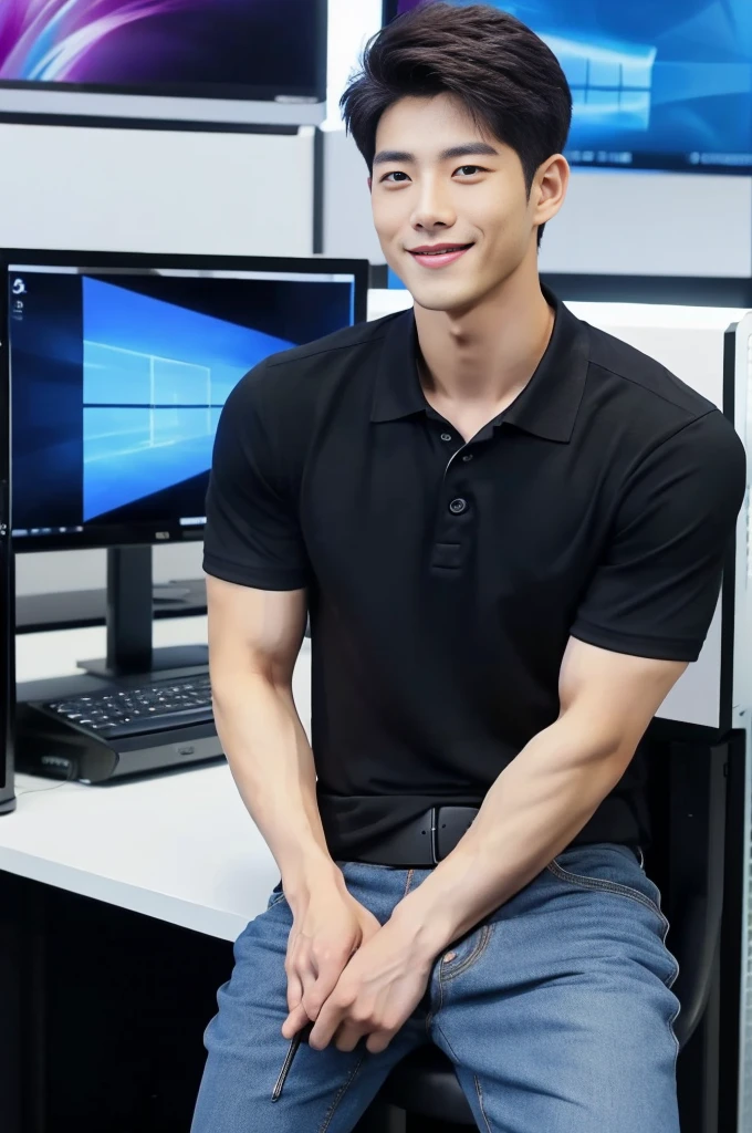((realistic daylight)) , (Korean guy in black polo shirt only) , Jeans, A handsome, muscular young Asian man looks at the camera. , In a computer shop ,turn sideways, smile