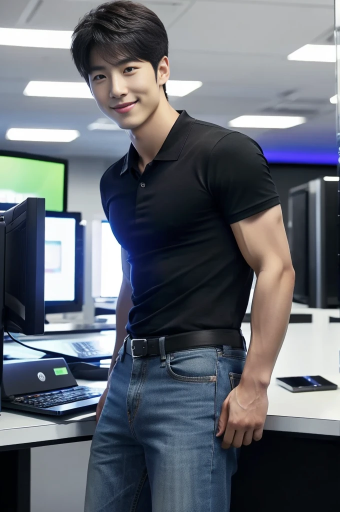 ((realistic daylight)) , (Korean guy in black polo shirt only) , Jeans, A handsome, muscular young Asian man looks at the camera. , In a computer shop ,turn sideways, smile