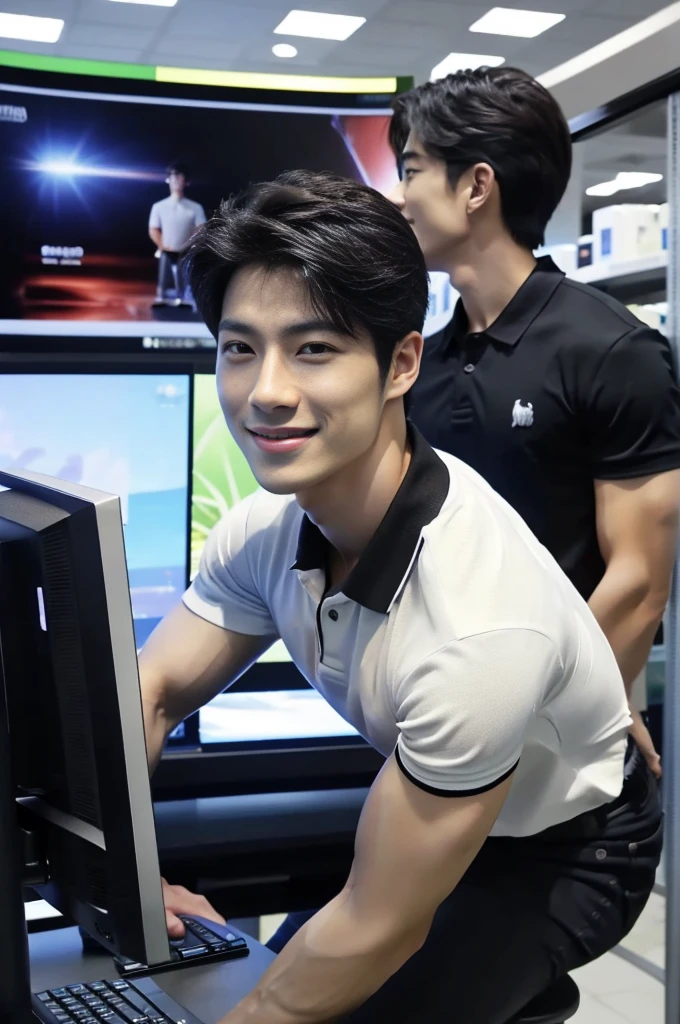 ((realistic daylight)) , (Korean guy in black polo shirt only) , Jeans, A handsome, muscular young Asian man looks at the camera.  , In a computer shop ,turn sideways, smile