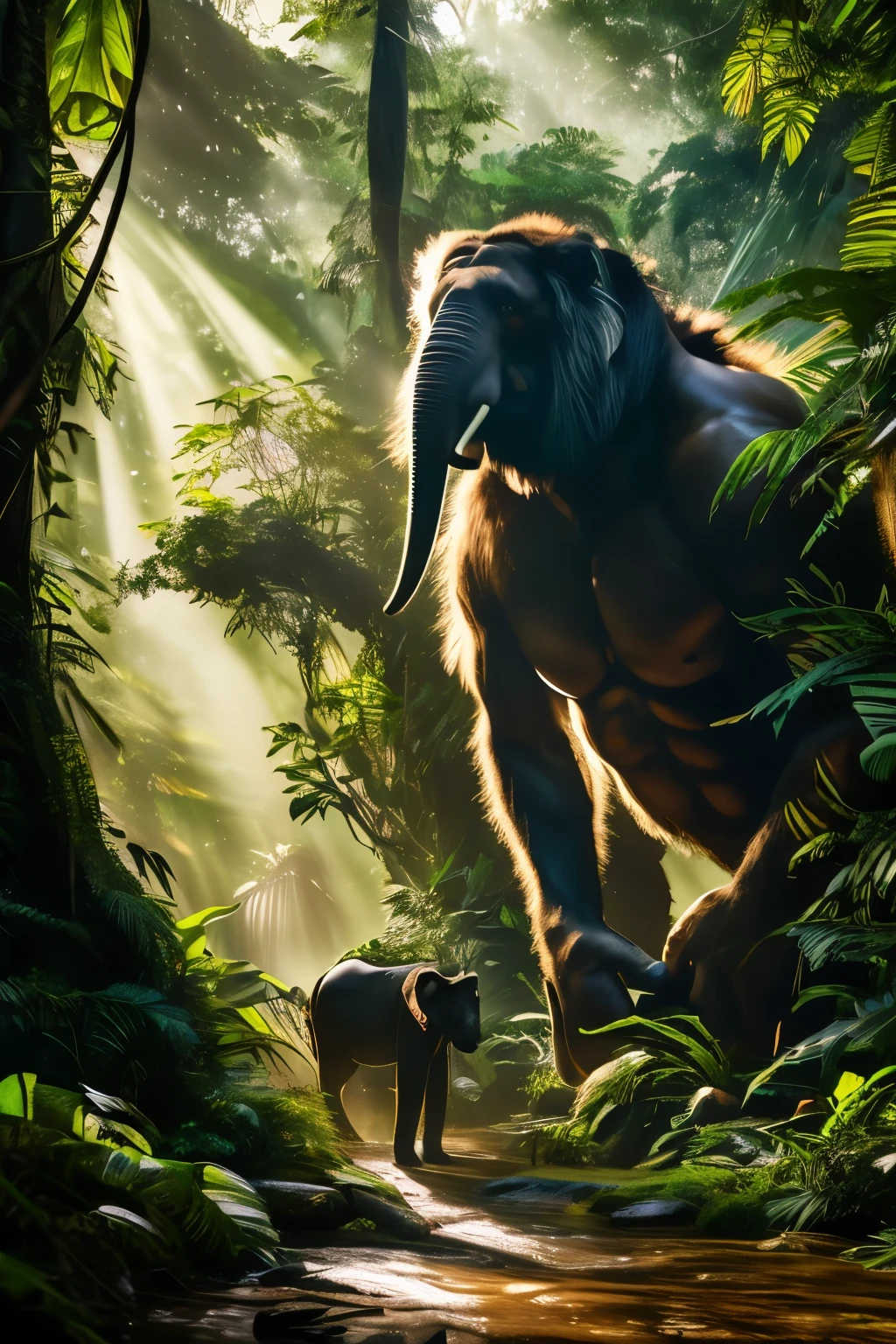 "Create an ultra-realistic, cinematic scene of a powerful female Tarzan standing in the heart of a dense jungle. She has a muscular, athletic build, long, wild hair, and is clad in minimal, rugged clothing made from animal skins. Surrounding her are wild animals like a majestic tiger lying by her feet, a couple of playful monkeys swinging on nearby branches, and a massive elephant in the background. The jungle is lush and vibrant, with dense, green foliage, towering trees, and cascading vines. Rays of sunlight filter through the canopy, casting a mystical glow over the scene. The atmosphere is alive with the sounds of the jungle, emphasizing her deep connection with nature."