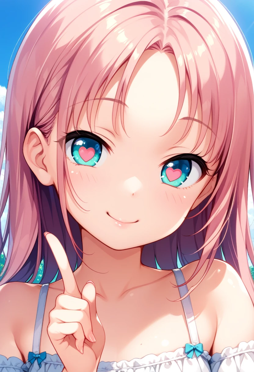 1girl, tiny girl, young girl, mesugaki, mesugaki smile, Teasing, naughty looks, heart eyes, A girl pointing with her index finger at her own forehead:1.3, tidy, Focus on the girl, glossy skin, oily skin, Close-up of the face, Masterpiece:2, Top Quality, high Quality, Very Detailed, ultra  High Resolution, super High Resolution, Beautiful Detail, Dynamic angles, perfect lighting, 8k, Animation Style,  cartoon style, game cg, sfw, 