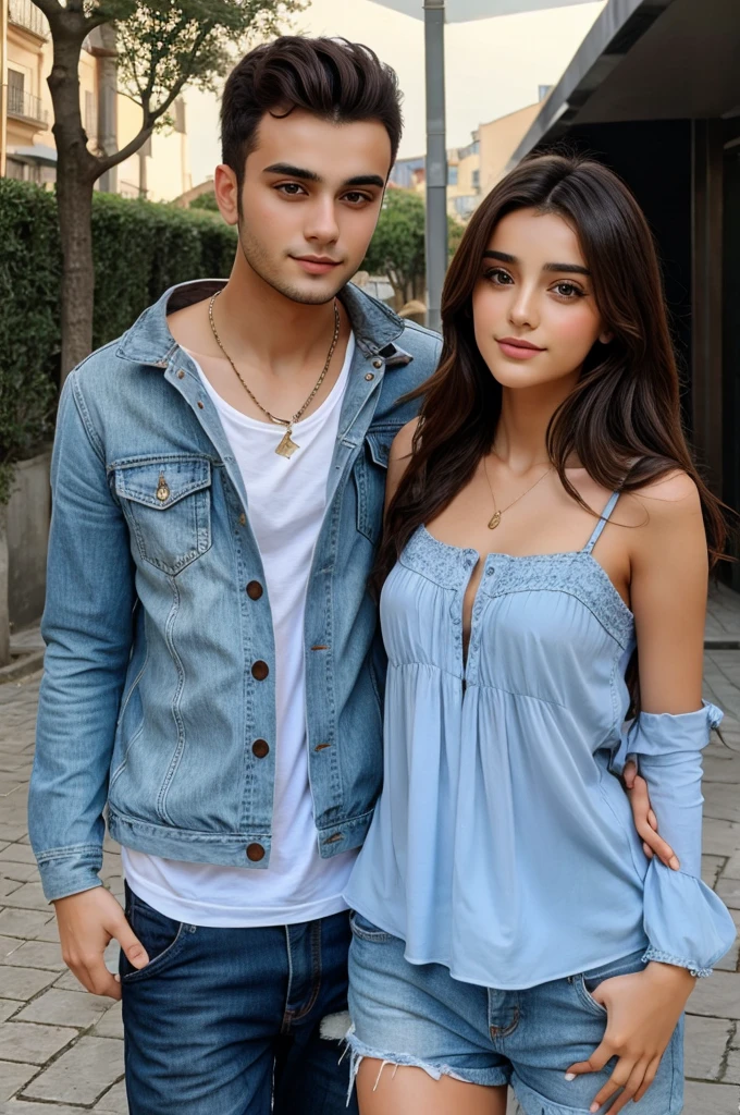 (Detailed CG art piece), best quality, stunningly beautiful, dynamic pose, (1 girl), glowing complexion, gorgeous face, (medium-sized bust), Indian ethnicity, (half white shirt + black jacket + blue shorts jeans):1.2, wear jewellers, (hot and seductive pose), with her boyfriend. Boy body muscular. Both are hugging pose in front of camera. In garden