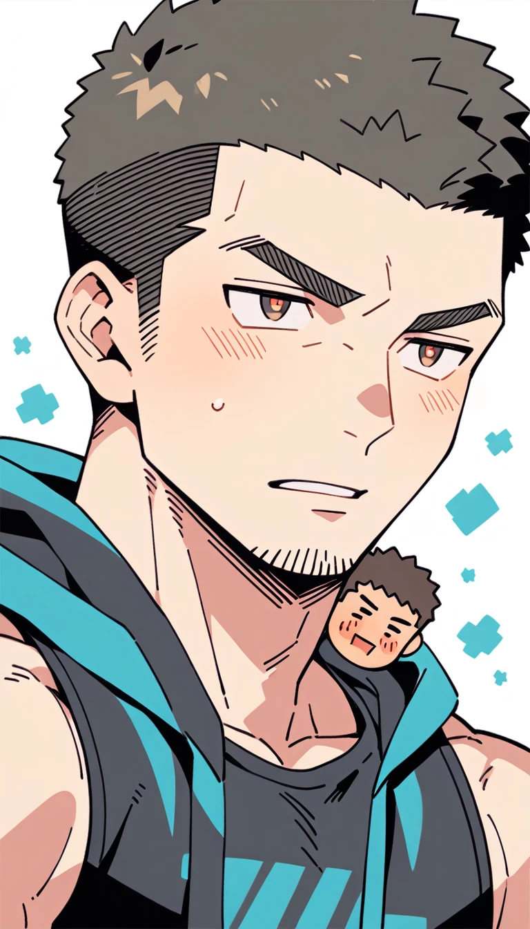 anime characters：Priapus, Muscle Sports Student, Buzz Cut, Manliness, male focus, Sports tight hooded sweatshirt, Very tight, full and perky chest muscles, muscular male, muscular, only, Upper body, alone, Red short hair, Thick eyebrows, stubble, Brown-red pupils, White background, simple background, amazing quality, best aesthetics, Ridiculous, crew cut, parted lips, blush, , despair, frustrated, negative space, negative space, best quality