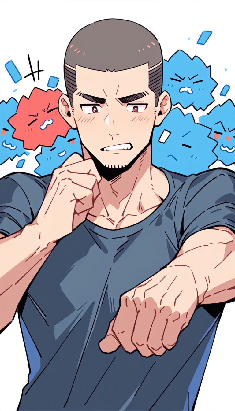 anime characters:Priapus, Muscle Sports Student, Buzz Cut, Manliness, male focus, Sports tight hooded sweatshirt, Very tight, full and perky chest muscles, muscular male, muscular, only, Upper body, alone, Red short hair, Thick eyebrows, stubble, Brown-red pupils, White background, simple background, amazing quality, best aesthetics, Ridiculous, crew cut, parted lips, blush, , despair, frustrated, negative space, negative space, best quality