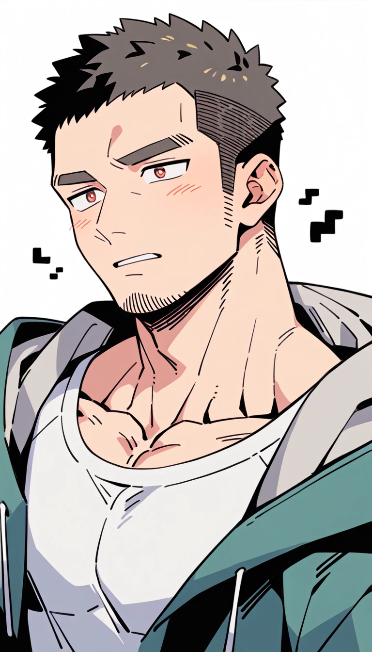anime characters:Priapus, Muscle Sports Student, Buzz Cut, Manliness, male focus, Sports tight hooded sweatshirt, Very tight, full and perky chest muscles, muscular male, muscular, only, Upper body, alone, Red short hair, Thick eyebrows, stubble, Brown-red pupils, White background, simple background, amazing quality, best aesthetics, Ridiculous, crew cut, parted lips, blush, , despair, frustrated, negative space, negative space, best quality