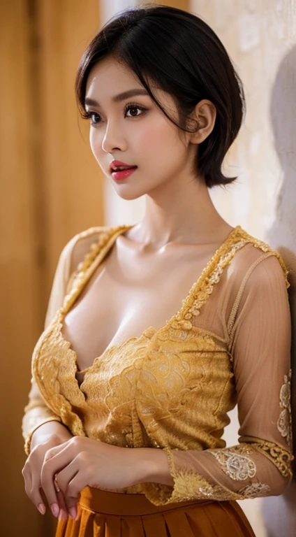 1 Indonesian girl, 25 years old, short fashion hair, slim body, (puffed breasts), ample cleavage, skintight beige lace kebaya, batik skirt, masterpiece, highly detailed, ultra hd, 8k, detailed face, bright eyes, perfect eyes, detailed skin texture, detailed lips, red lips, perfect hands, dynamic poses, dynamic angle