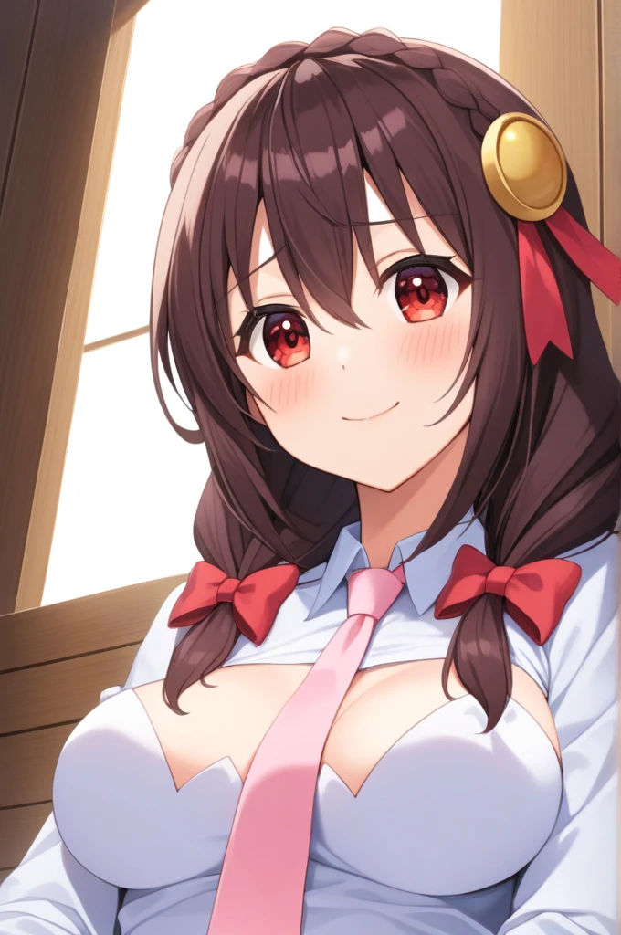 alone, One girl, Yunyun, (A shy smile:1.3)、(blush:1.3)、 View your viewers, Crown braids of the same color as your hair, Red Eyes、hair ornaments, Hair Ribbon, Pink tie, Long sleeve, Cleavage, Leaning forward、(The upper body is visible:1.2)、(View from below:1.4)、(The viewer is resting his head on her lap.:1.2)