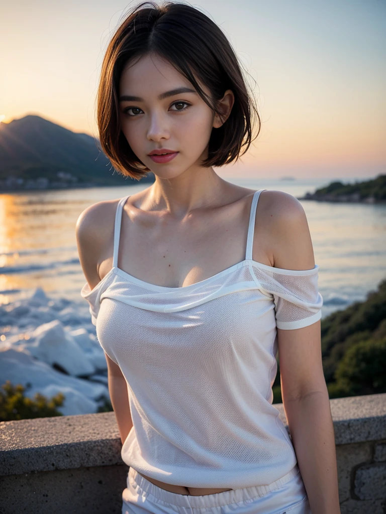 Highest quality, masterpiece, Ultra-high resolution, (Realistic:1.3), RAW Photos, (Nature landscape photography), (Majestic Mountain々The summit of the, sea of clouds), (On top of a very large mountain), (sunset), (One Girl), (Upper Body), (20-year-old), (smile:0.9), (Shiny skin), (short hair, Dark brown hair), (A loose white see-through T-shirt), (Tight casual super short pants),(Off the shoulder)、 (Ultra detailed face), (Nipple erection:1.2), (Highly detailed eyes), (Highly detailed nose), (Highly detailed mouth), (Very skilled hands), (Super-detailed body), Sony a7, 85mm lens, f9.0, Pan Focus
、High-quality lace panties available、(Face the camera with your body facing forward、Face to face:1.3)、(slouch、doggystyle:1.3)、
