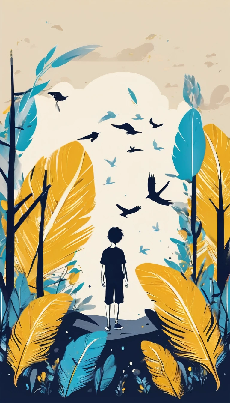 A minimal, modern, simple, cinematic, creative, inspirational, abstract, unique, fantastic, logo design for a storytelling brand “Penamemoria" about dreams, stories and music. Create a modern, minimalistic, high-quality, logo of a boy-feather. The logo must convey a sense of creative inspiration between a boy and a unique, special bird feather. Create the logo with the colors sky blue, yellow golden and white. The background is a forest full of birds and feathers everywhere. A creative boy is standing still in the middle of that forest contemplating the birds, the forest and the feathers.