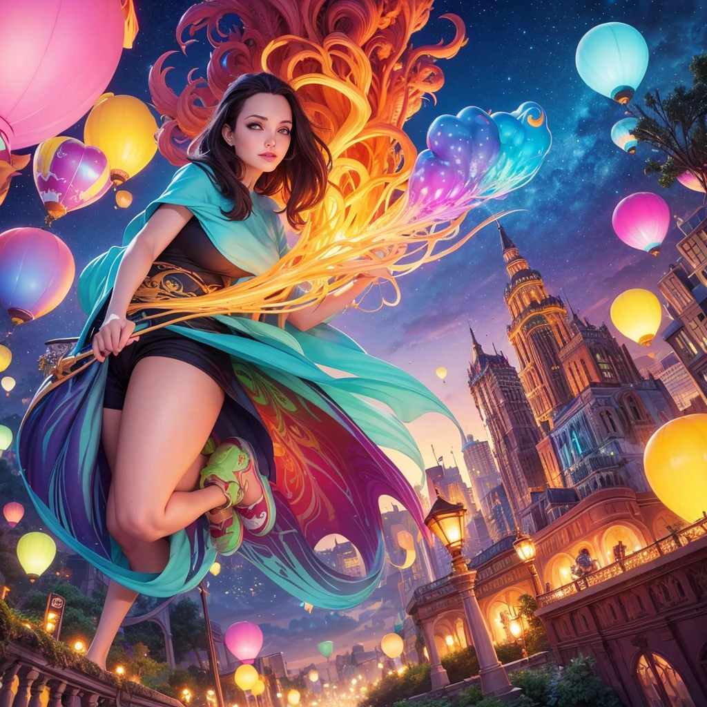 a painting of gigantic woman's head with face of Winona Ryder morphed with Angelina Jolie with colorful hair in a shape of tree and lianas, a neck growing out of the ground, dalightful smile, a city skyline, hot air balloons, flying bulbs and plant trees in the air, beeple and jeremiah ketner, dan mumford tom bagshaw, colorfull digital fantasy art, inspired by Cyril Rolando, inspiring digital art, colorful digital painting, paint splashes, paint driping, gorgeous digital art, beautiful art uhd 4 k, stunning digital illustration, vibrant digital painting, stylized digital art