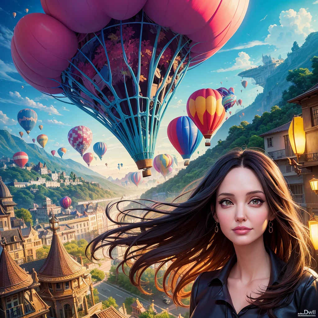 a painting of gigantic woman's head with face of Winona Ryder morphed with Angelina Jolie with colorful hair in a shape of tree and lianas, a neck growing out of the ground, dalightful smile, a city skyline, hot air balloons, flying bulbs and plant trees in the air, beeple and jeremiah ketner, dan mumford tom bagshaw, colorfull digital fantasy art, inspired by Cyril Rolando, inspiring digital art, colorful digital painting, paint splashes, paint driping, gorgeous digital art, beautiful art uhd 4 k, stunning digital illustration, vibrant digital painting, stylized digital art