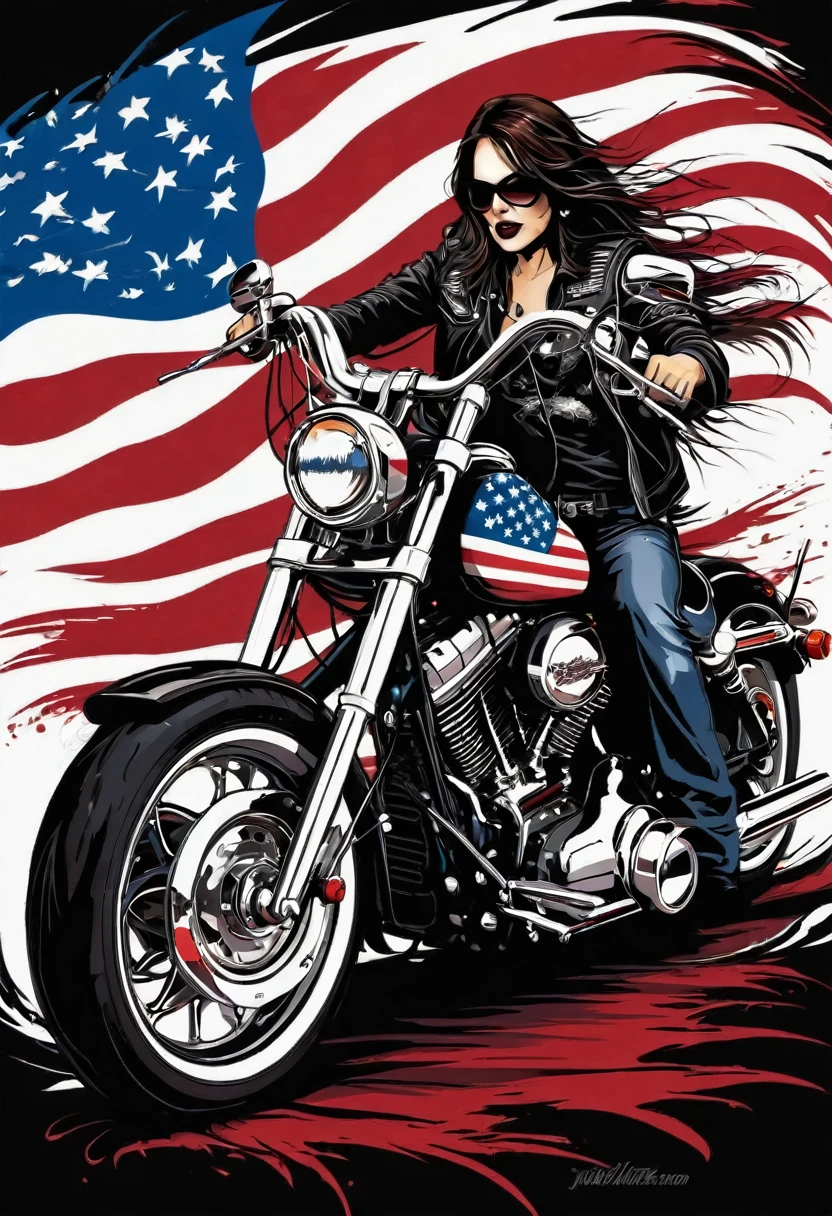 t-shirt designs, Create a menacing white t-shirt with a full Harley motorcycle, background with American flag and a small eagle emblem on the right side of the bike, highly detailed vector art, hd vector art, White background. The overall style is bold and intense, embodying the dark and edgy spirit of heavy metal music.