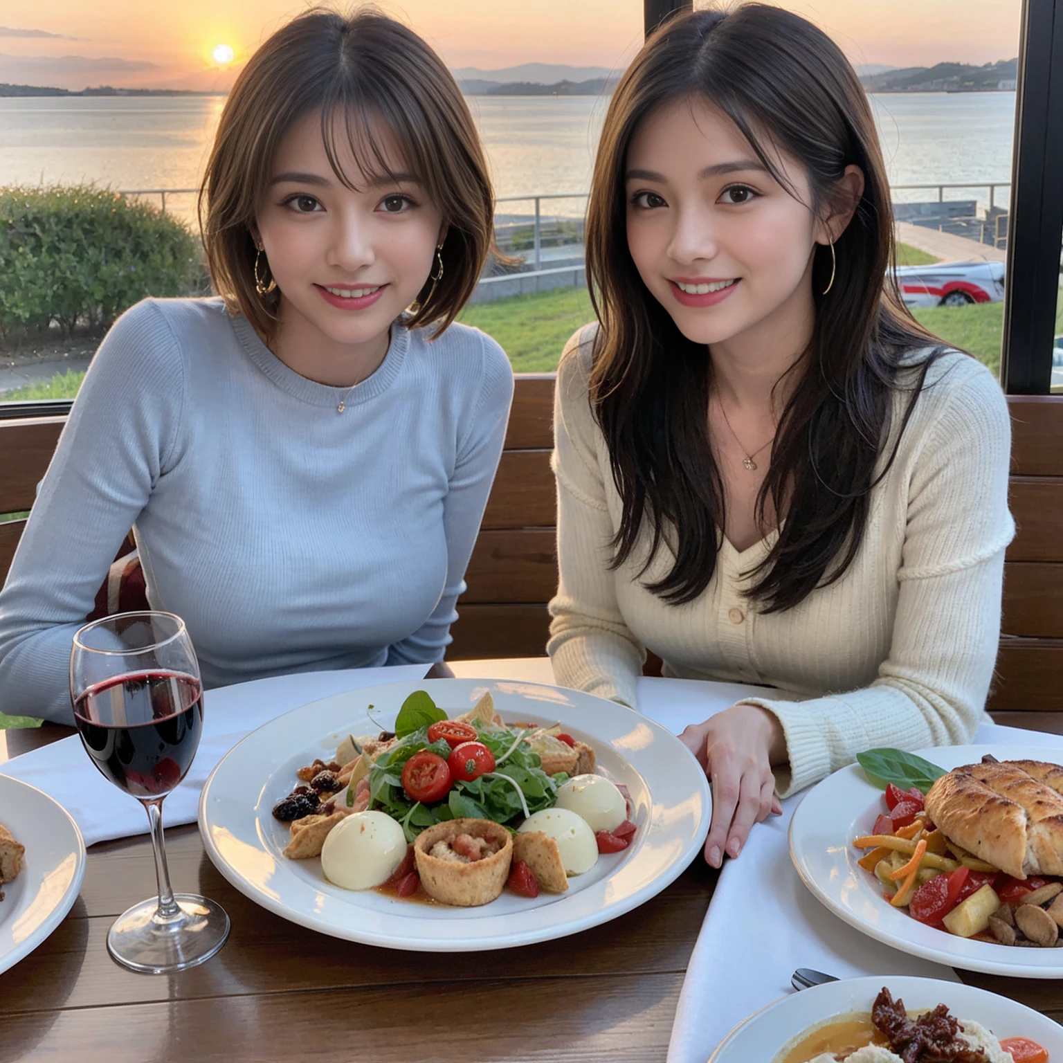 （Realistic:1.1）,(masterpiece,Highest quality)，8k,(45 years old), 42 years old, slimカップル、Model Couple、actress/actor、Tight waist,Upper Body,full-course dinner、wine 、Amazing view of the sunset sky and clouds、Perfect Anatomy, Brown Hair, short hair,Random Hairstyles,((Highly detailed face and eyes:1.2))(cute顔:1.4)，美しいactressの顔，Perfect golden ratio face，Long sleeve shirt、dress,(smile:1.2)、Shortcuts、cute、(Realistic, Intricate details:1.2), A bright smile、short hair,Bright Face、赤wine 、Appetizers、Italian food、wine bottle、Champagne、スパークリングwine、(slimな顔), (The body is slim), (Brown Hair), (Shortcuts),  Upper Body, 白wine, slim, wineグラス, 