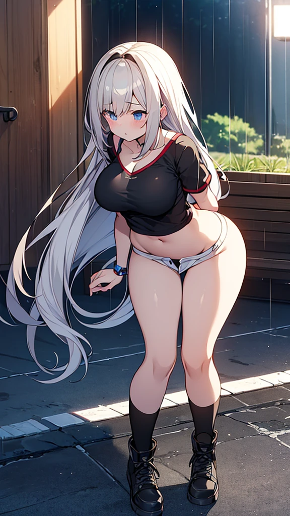 Full body image, front, One girl, 18-year-old, Mix 4, (32K, RAW Photos, Highest quality, masterpiece:1.2), (Anime-like, photoAnime-like:1.37), cute, Short sleeve T-shirt,Shorts,Black knee socks, night, rain, Humidity, Professional Lighting, Photon Mapping, Radio City, Physically Based Rendering, Super Resolution, (Big Breasts:1.2), {{The biological weapon that had preyed on the younger sister took her place and reunited with the older brother, The rebellious little sister has become the obedient little sister}}, Girl Skull, whole body, NSFW