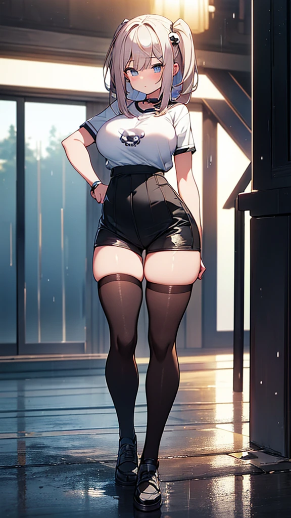 Full body image, front, One girl, 18-year-old, Mix 4, (32K, RAW Photos, Highest quality, masterpiece:1.2), (Anime-like, photoAnime-like:1.37), cute, Short sleeve T-shirt,Shorts,Black knee socks, night, rain, Humidity, Professional Lighting, Photon Mapping, Radio City, Physically Based Rendering, Super Resolution, (Big Breasts:1.2), {{The biological weapon that had preyed on the younger sister took her place and reunited with the older brother, The rebellious little sister has become the obedient little sister}}, Girl Skull, whole body, NSFW