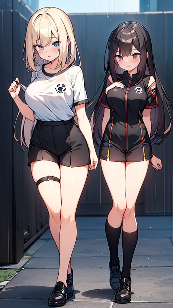 Full body image, front, One girl, 18-year-old, Mix 4, (32K, RAW Photos, Highest quality, masterpiece:1.2), (Anime-like, photoAnime-like:1.37), cute, Short sleeve T-shirt,Shorts,Black knee socks, night, rain, Humidity, Professional Lighting, Photon Mapping, Radio City, Physically Based Rendering, Super Resolution, (Big Breasts:1.2), {{The biological weapon that had preyed on the younger sister took her place and reunited with the older brother, The rebellious little sister has become the obedient little sister}}, Girl Skull, whole body, NSFW